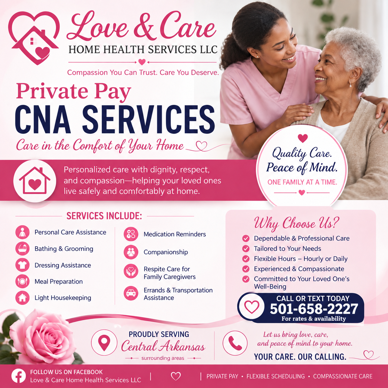 A smiling caregiver in pink scrubs with an older woman at home.