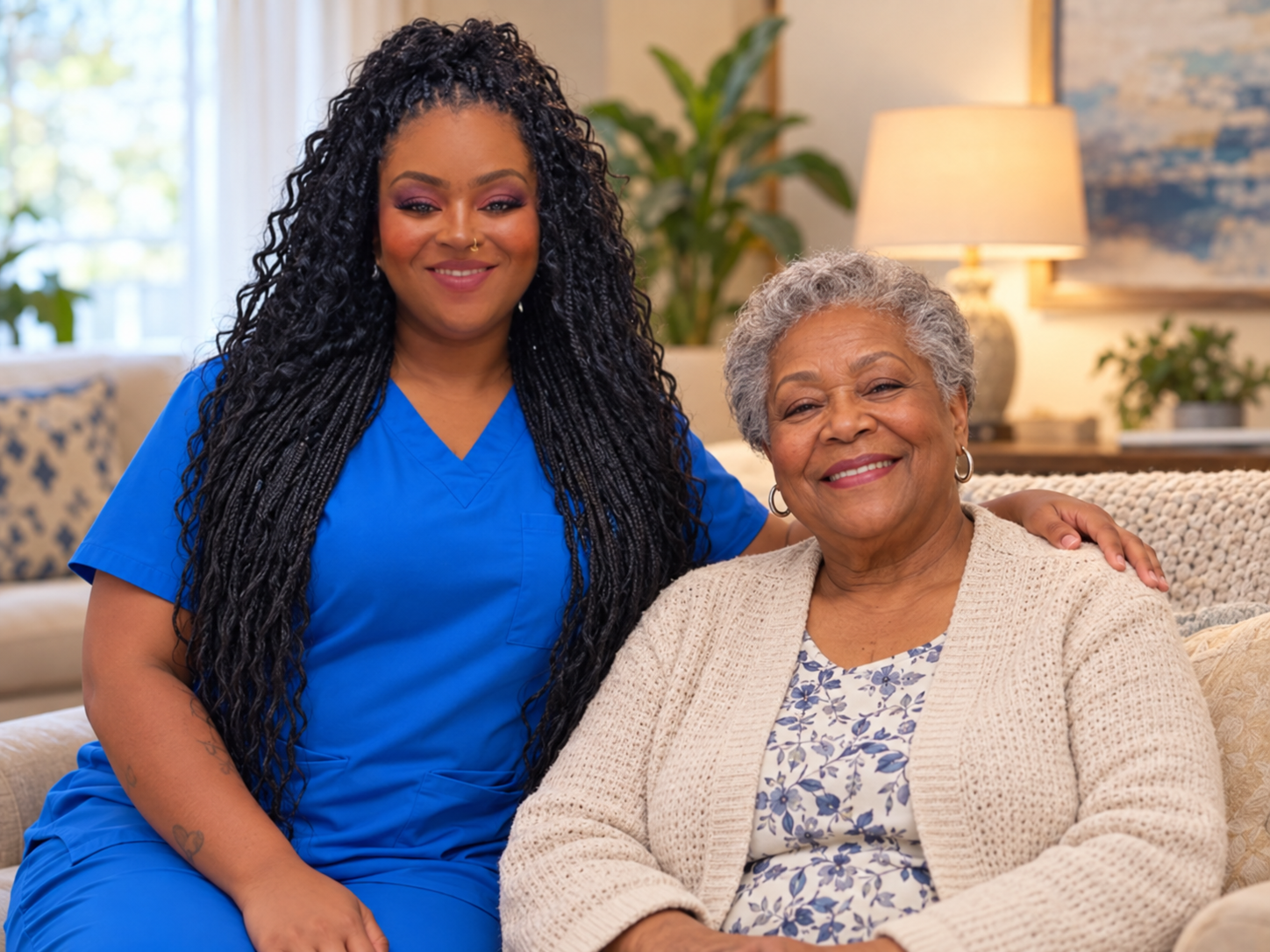 Edited illustration of founder Shamona Starks in blue scrubs beside an older adult in a home setting.